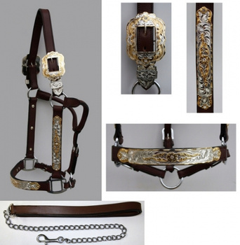 Premium Show Halfter - GOLD / SILBER - Stones - mit Führleine - DUNKEL - verschiedene Größen