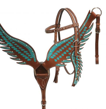 zestaw lptrick bridle + napierśnik, turkusowe z kryształkami, w kształcie skrzydeł