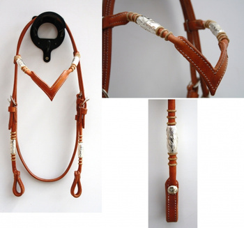 EE Tack - Kopfstück - Harness - Round End's - Silver Pipe's / Rawhide - V Stirnband