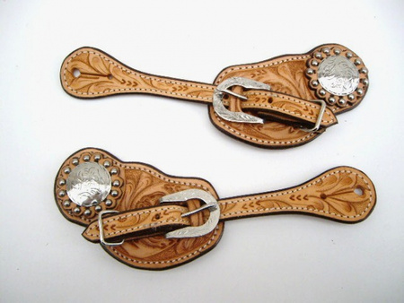 Sporenriemen - US Leather - Floral Tooling - Dots - Stainless Steel Buckles & Conchos