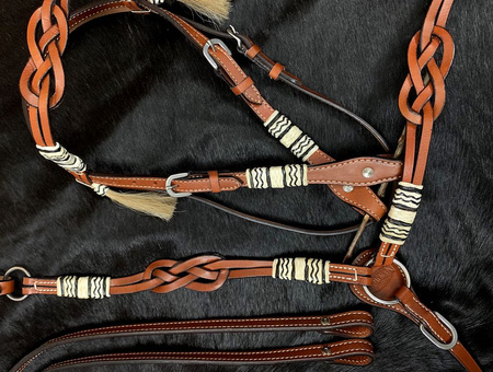 zestaw lptrick bridle + napierśnik z węzłami celtyckimi i akcentami z plecionej surowej skóry