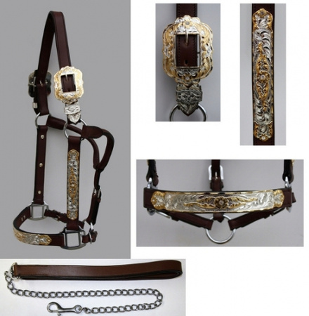 Premium Show Halfter - GOLD / SILBER - Stones - mit Führleine - DUNKEL - verschiedene Größen