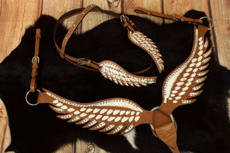 zestaw lptrick bridle + napierśnik białe z kryształkami, w kształcie skrzydeł