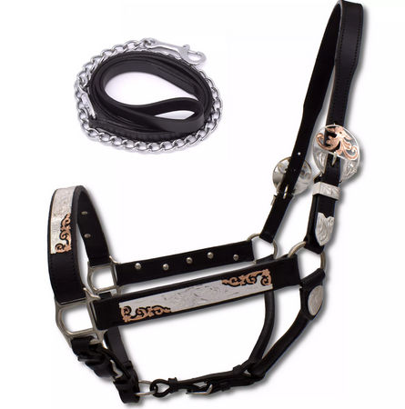 Skórzany kantar LpTrick + uwiąz z łańcuszkiem / z elementami rosegold