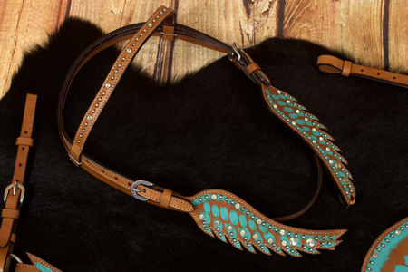 zestaw lptrick bridle + napierśnik, turkusowe z kryształkami, w kształcie skrzydeł