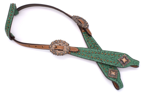 pokazowe uzda westernowe lptrick z jednym uchem, zielonym wzorem i klamrami w kolorze miedzi
