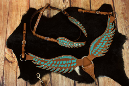 zestaw lptrick bridle + napierśnik, turkusowe z kryształkami, w kształcie skrzydeł