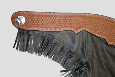 EE Tack Chaps mit BESATZ & Fransen - Premium Soft Glattleder - Schwarz - Reissverschluss