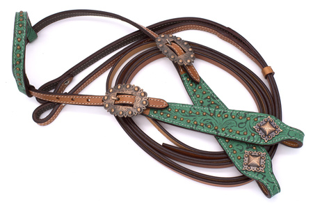pokazowe bridle westernowe lptrick z jednym uchem, zielonym wzorem i klamrami w kolorze miedzi